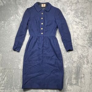 VTG Lanz Original Dress Women Blue 60s Wool Blend Gold Crest Button Zip Cuff XS